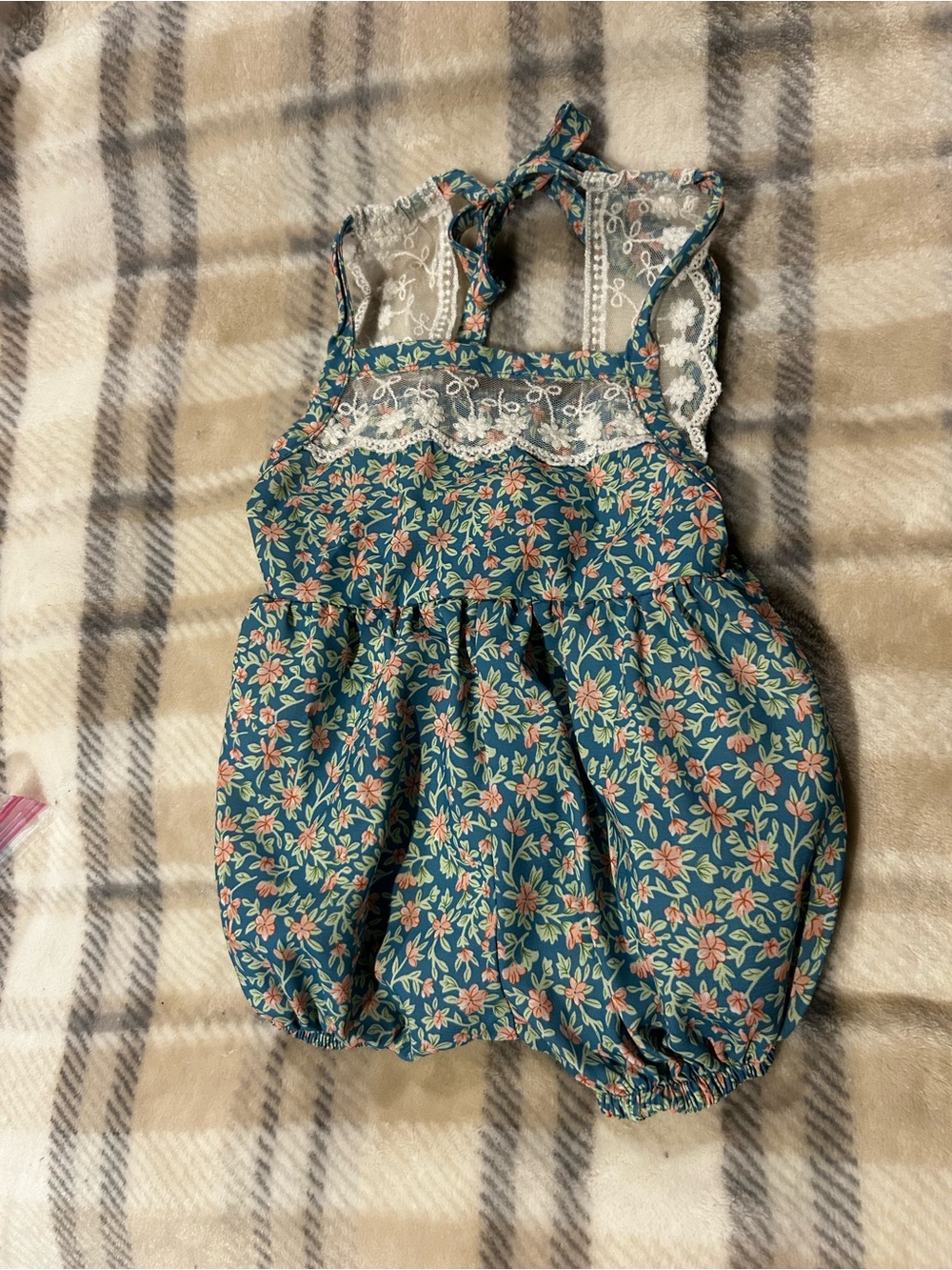 Floral Lace-Trim Teal Baby Bubble Romper